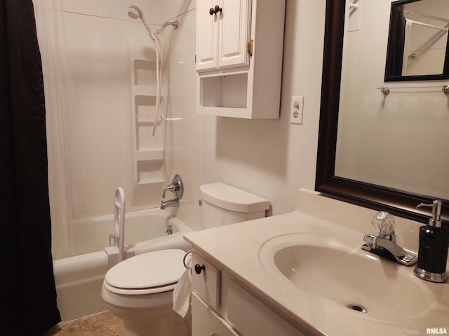 full bathroom with shower / bath combo, toilet, and vanity