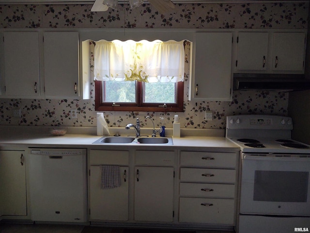 kitchen with white cabinetry, white appliances, sink, and extractor fan