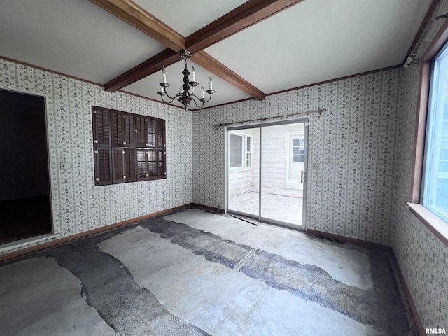 unfurnished sunroom featuring beamed ceiling and an inviting chandelier