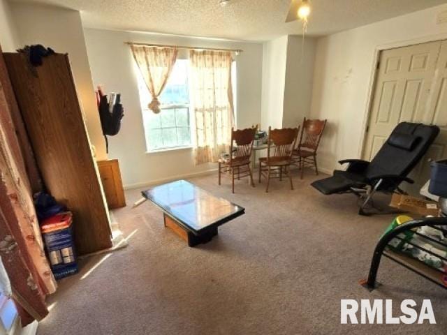 sitting room featuring carpet and a textured ceiling