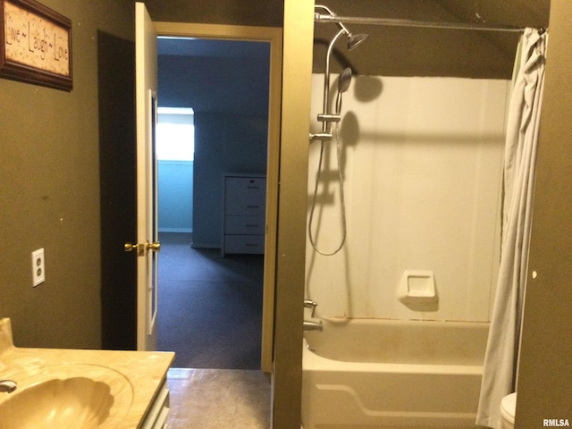 full bathroom featuring vanity, shower / bath combination with curtain, and toilet