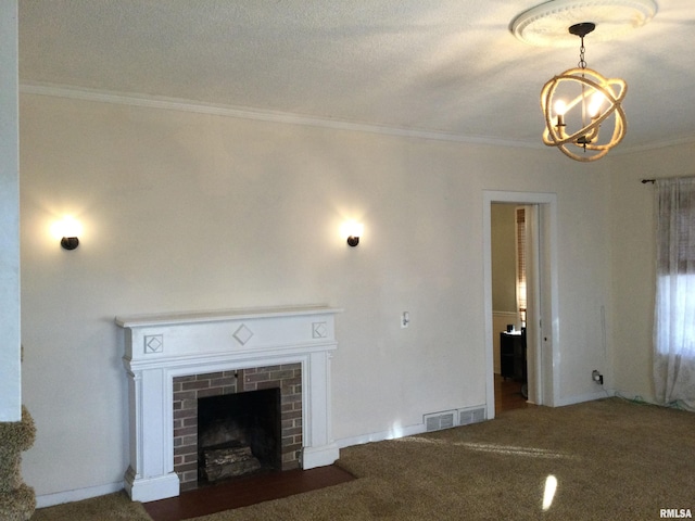 unfurnished living room with a brick fireplace, crown molding, carpet, and a notable chandelier