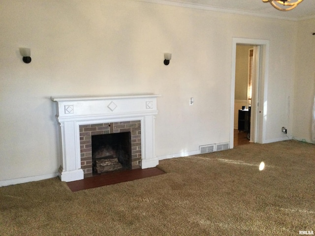 unfurnished living room with a brick fireplace, dark carpet, and ornamental molding