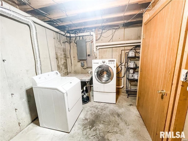 washroom with electric panel and washer and clothes dryer