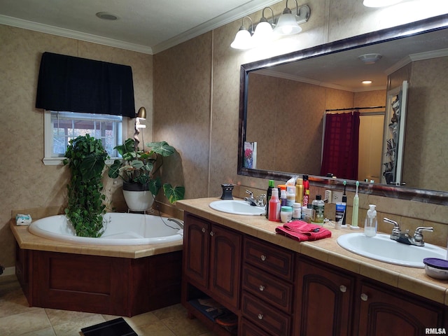 bathroom with tile patterned flooring, vanity, independent shower and bath, and crown molding