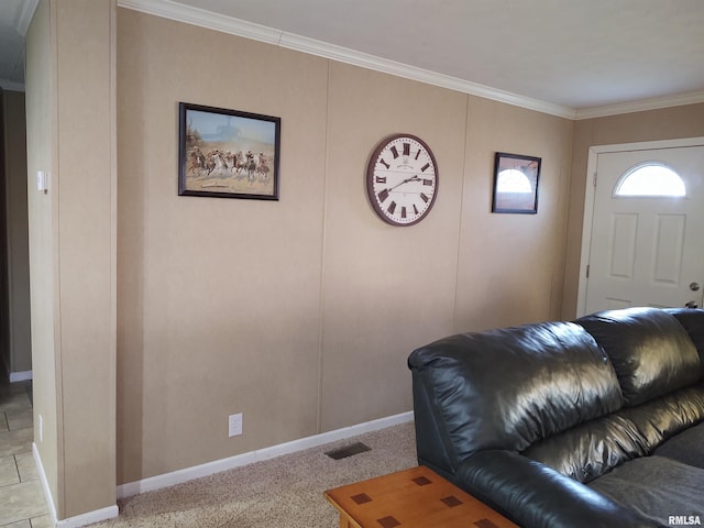 living room with ornamental molding and light carpet