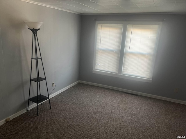 empty room featuring carpet flooring and crown molding