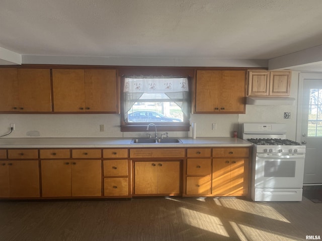 kitchen with plenty of natural light, dark wood-type flooring, sink, and gas range gas stove