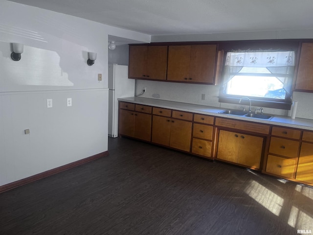 kitchen featuring dark hardwood / wood-style floors, white fridge, and sink