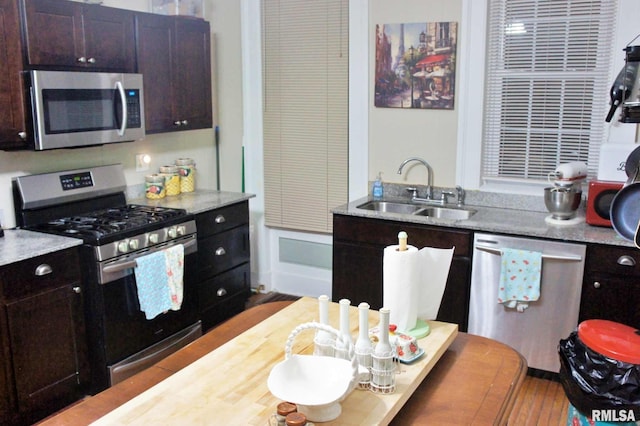 kitchen with appliances with stainless steel finishes, light hardwood / wood-style flooring, dark brown cabinets, and sink