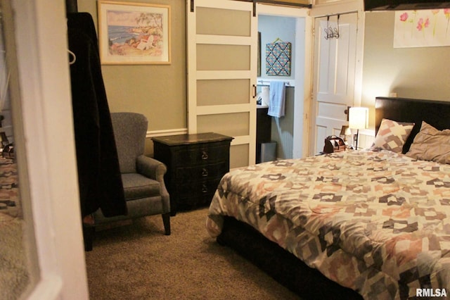 bedroom with carpet flooring, a barn door, and a closet