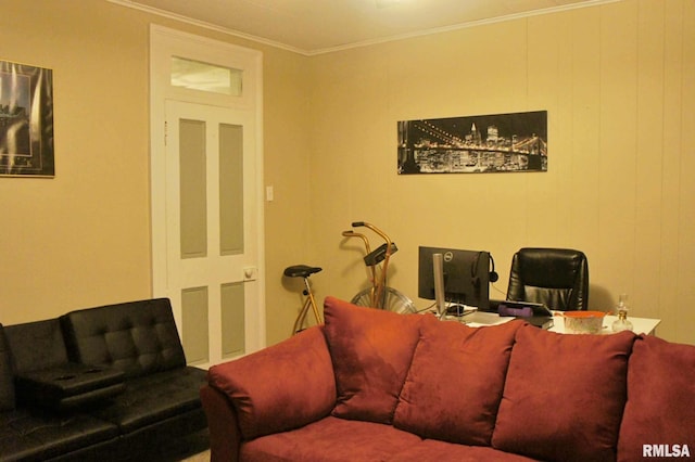 living room with ornamental molding