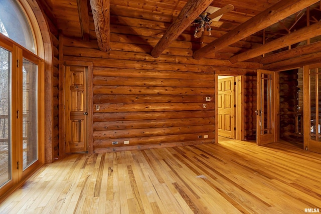 unfurnished room with light wood-type flooring, log walls, ceiling fan, wooden ceiling, and beam ceiling