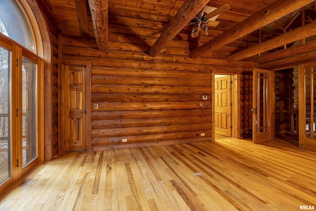 221 Poplar Lake Rd, Makanda, IL 62958 - empty room featuring light wood finished floors, wooden ceiling with exposed beams, ceiling fan, and log walls