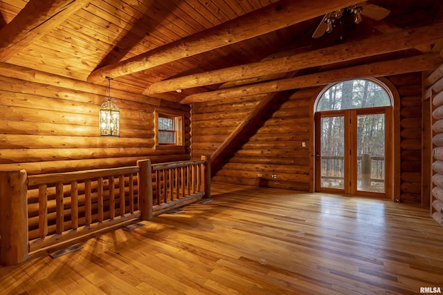 221 Poplar Lake Rd, Makanda, IL 62958 - additional living space featuring hardwood / wood-style floors, wooden ceiling with exposed beams, a ceiling fan, and rustic walls