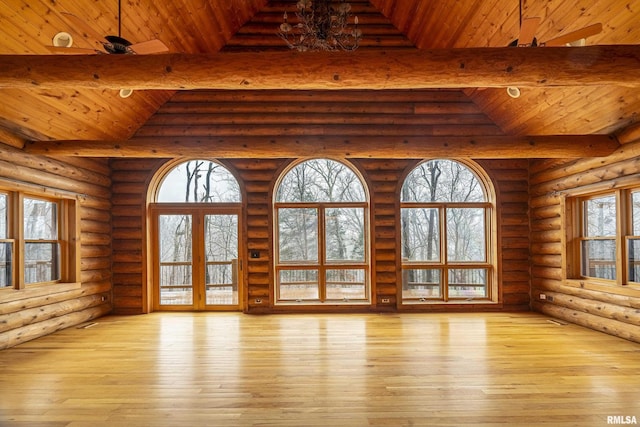 unfurnished living room with lofted ceiling with beams, light hardwood / wood-style flooring, and wooden ceiling