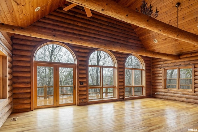 221 Poplar Lake Rd, Makanda, IL 62958 - unfurnished living room featuring high vaulted ceiling, log walls, wood-type flooring, and wooden ceiling with exposed beams