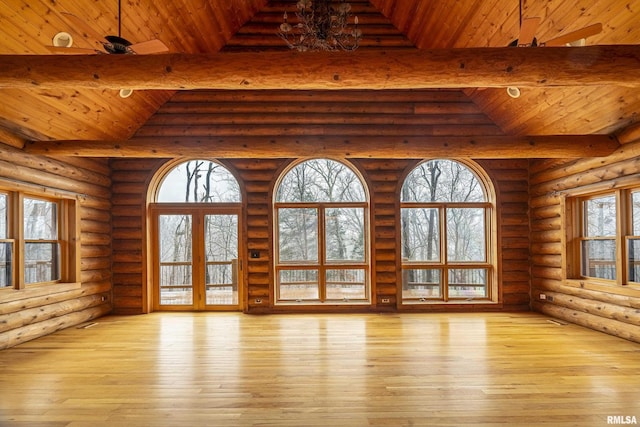 221 Poplar Lake Rd, Makanda, IL 62958 - unfurnished living room featuring wooden ceiling, rustic walls, light wood-style floors, and a ceiling fan