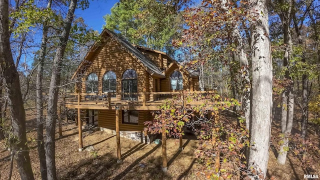 221 Poplar Lake Rd, Makanda, IL 62958 - rear view of house with log exterior and a wooden deck