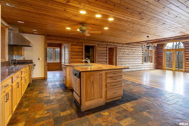 kitchen with sink, high end stainless steel range oven, a kitchen island with sink, wood ceiling, and wall chimney exhaust hood