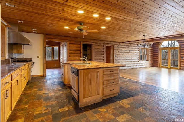 221 Poplar Lake Rd, Makanda, IL 62958 - kitchen with rustic walls, a sink, stainless steel range, wood ceiling, and wall chimney range hood