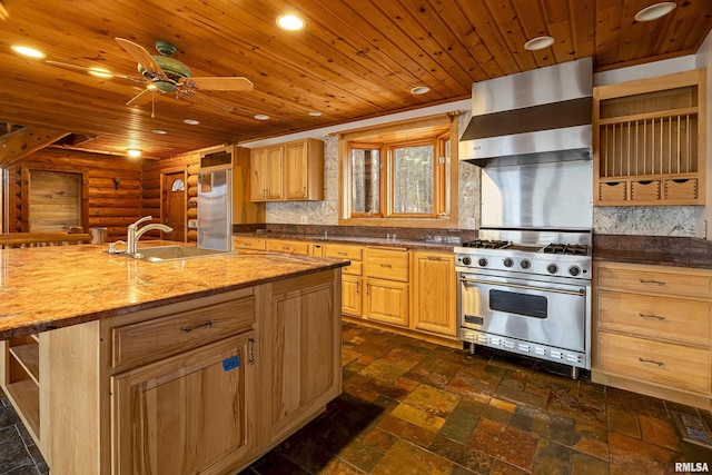 kitchen featuring sink, appliances with stainless steel finishes, backsplash, wooden ceiling, and wall chimney exhaust hood