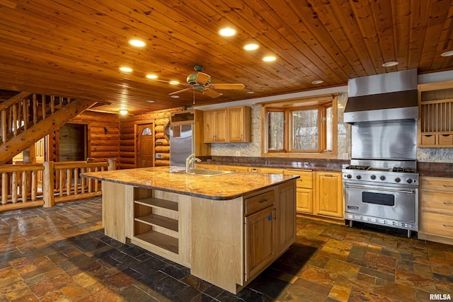 221 Poplar Lake Rd, Makanda, IL 62958 - kitchen featuring high quality appliances, a sink, wall chimney exhaust hood, light brown cabinetry, and open shelves