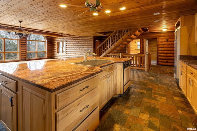 kitchen with sink, hanging light fixtures, wooden ceiling, stone counters, and a kitchen island with sink