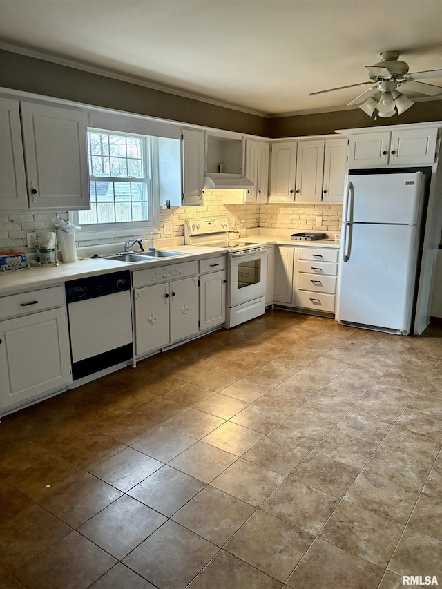 kitchen featuring white cabinetry, ceiling fan, and white appliances