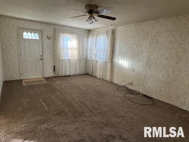 carpeted foyer entrance featuring ceiling fan and ornamental molding