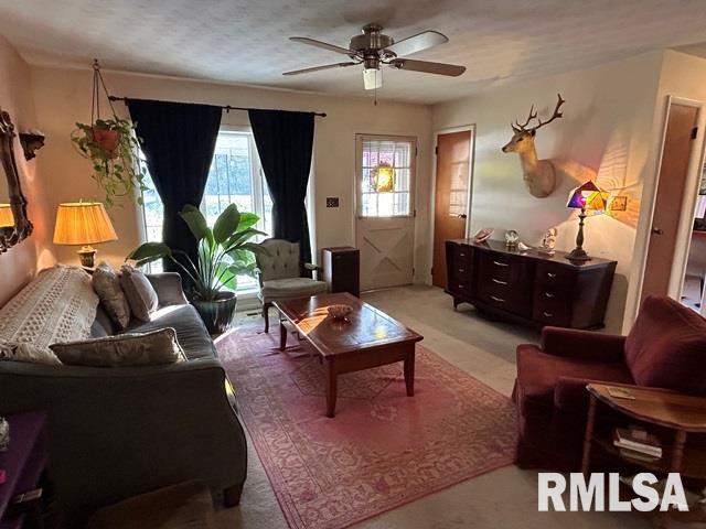 living room with a textured ceiling, ceiling fan, and light carpet