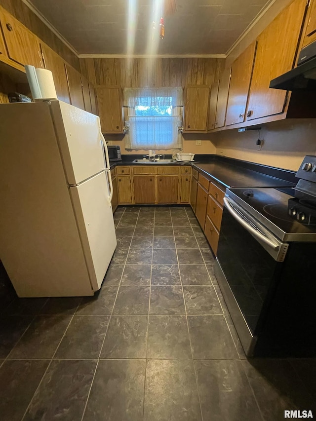 kitchen with ventilation hood, stainless steel appliances, crown molding, and sink