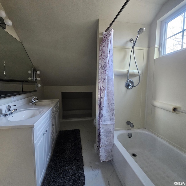 full bathroom with shower / bath combination with curtain, toilet, lofted ceiling, and vanity