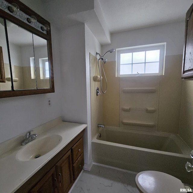 full bathroom with washtub / shower combination, vanity, and toilet