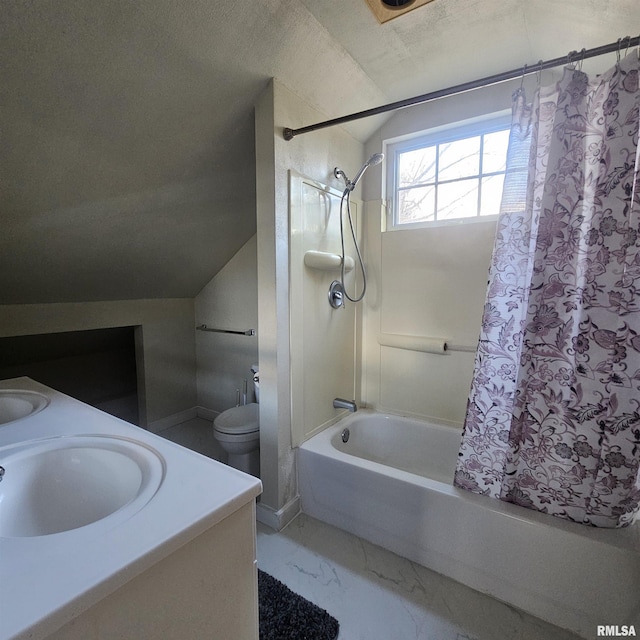 full bathroom featuring shower / bathtub combination with curtain, vanity, vaulted ceiling, and toilet