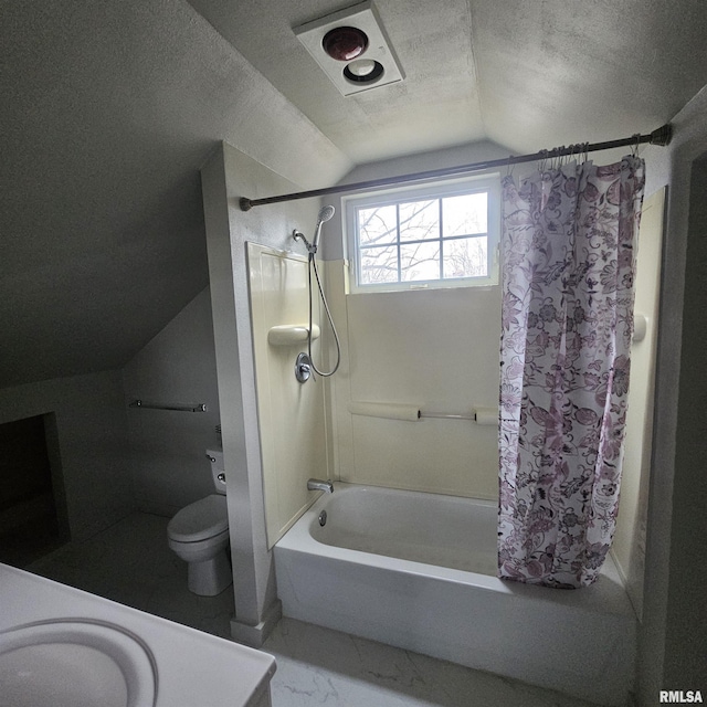 full bathroom with toilet, vaulted ceiling, a textured ceiling, vanity, and shower / bath combination with curtain