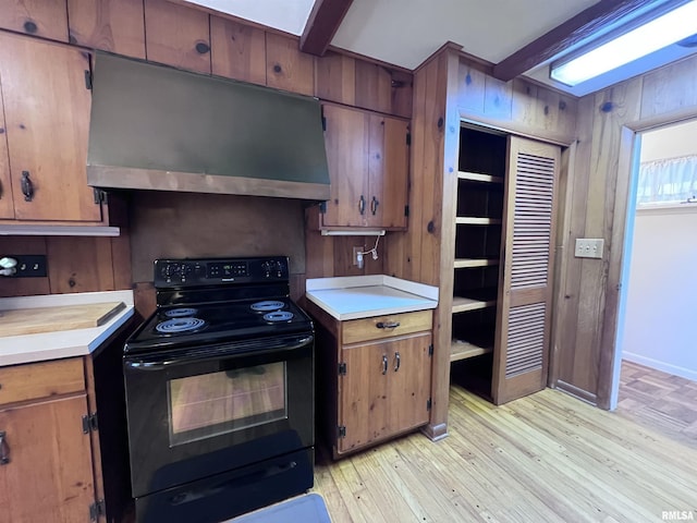 kitchen featuring electric range, light hardwood / wood-style flooring, beamed ceiling, and wood walls