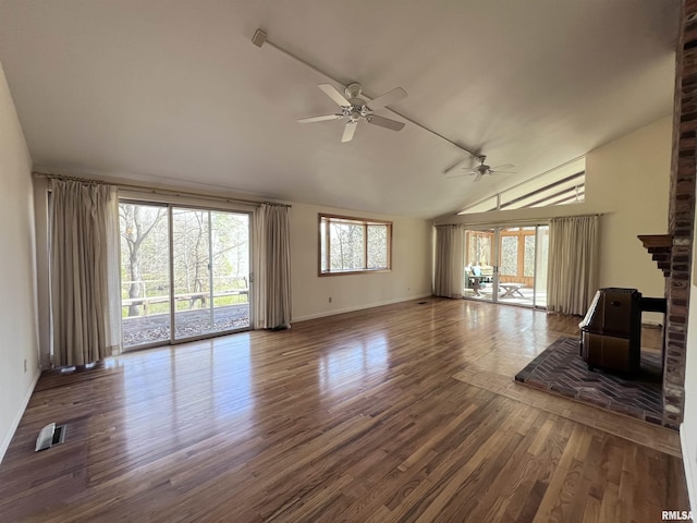 unfurnished living room with hardwood / wood-style flooring, ceiling fan, and lofted ceiling