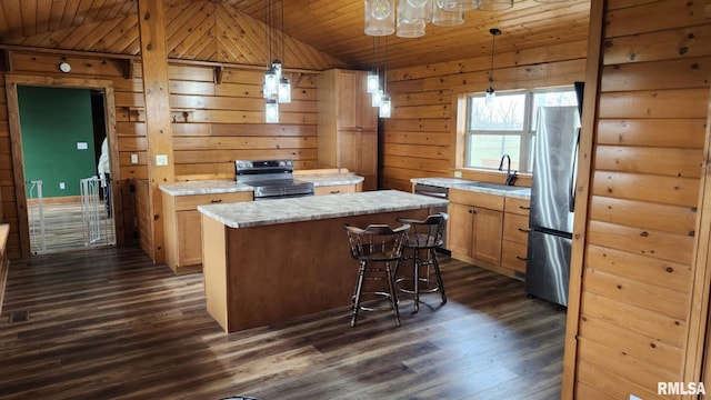 kitchen with wood ceiling, stainless steel appliances, a kitchen island, hanging light fixtures, and lofted ceiling