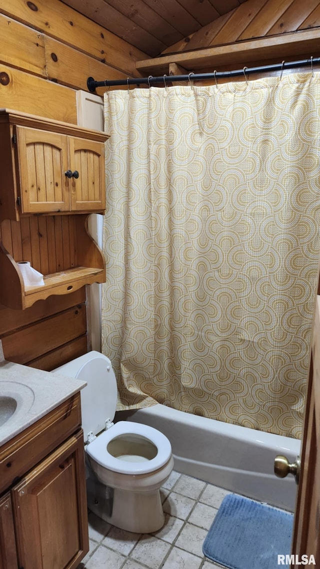 bathroom with tile patterned flooring, wood walls, toilet, vanity, and wood ceiling