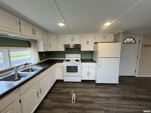 kitchen featuring dark hardwood / wood-style flooring, white cabinetry, sink, and white appliances