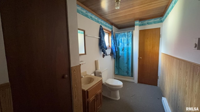 bathroom featuring wood walls, toilet, vanity, wood ceiling, and a shower with shower curtain