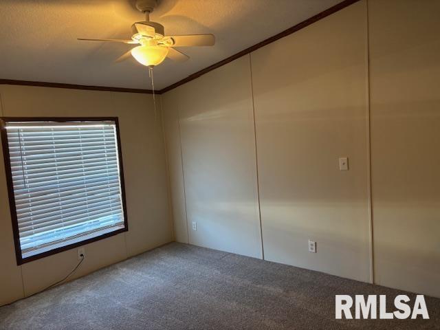 unfurnished room with carpet flooring, a textured ceiling, ceiling fan, and crown molding