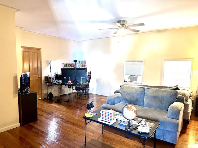 living room with hardwood / wood-style floors and ceiling fan