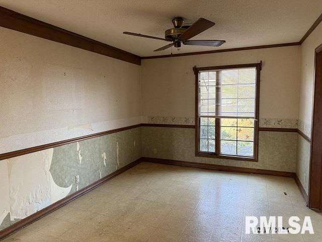 empty room with a textured ceiling, ceiling fan, and ornamental molding