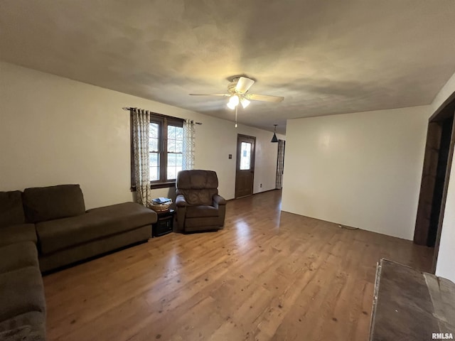 living room with ceiling fan and light hardwood / wood-style floors