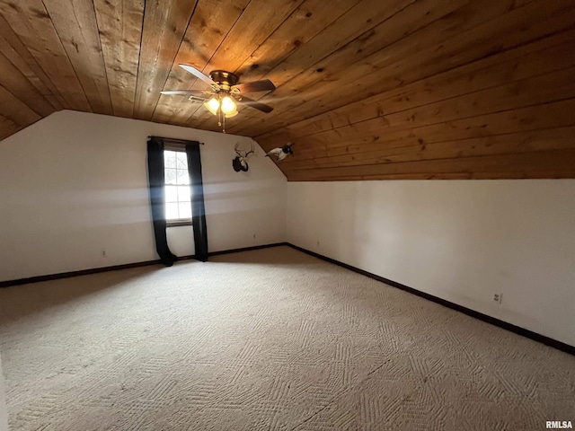 bonus room featuring lofted ceiling, light colored carpet, and wooden ceiling