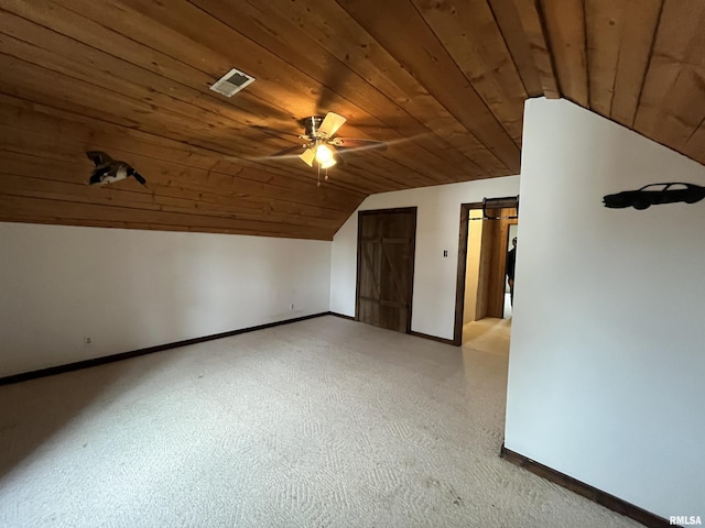 bonus room featuring ceiling fan, wooden ceiling, and vaulted ceiling