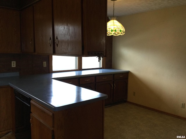 kitchen with black dishwasher, decorative backsplash, hanging light fixtures, dark brown cabinetry, and kitchen peninsula