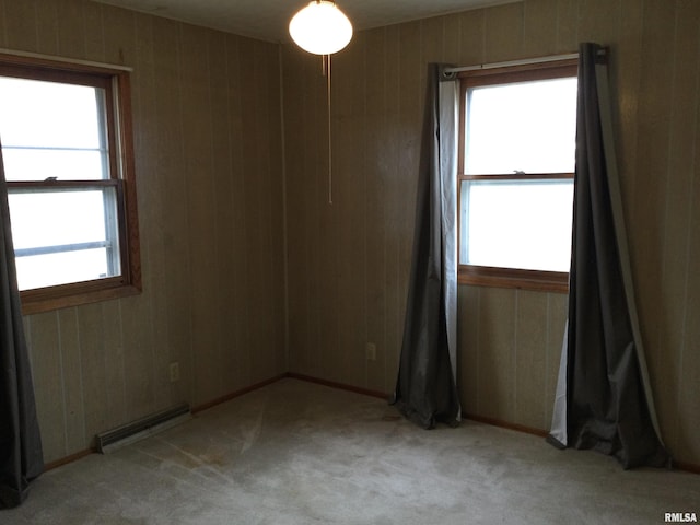 spare room featuring plenty of natural light, light carpet, and wood walls